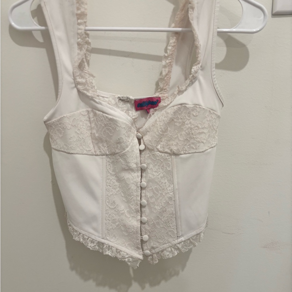 Edikted White Lace Button-Up Tank Top